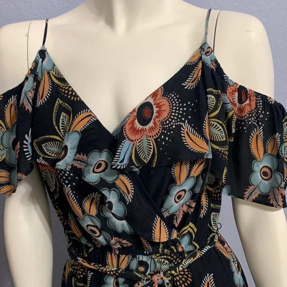 Loft Black Floral Ruffle Cold Shoulder Maxi Dress - Picture 3 of 9